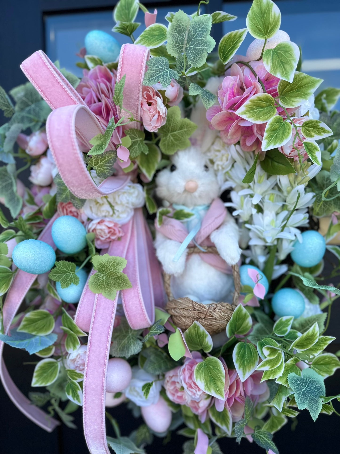 22" Easter Bunny Wreath | Spring Grapevine Wreath with Plush Bunny, Florals & Eggs