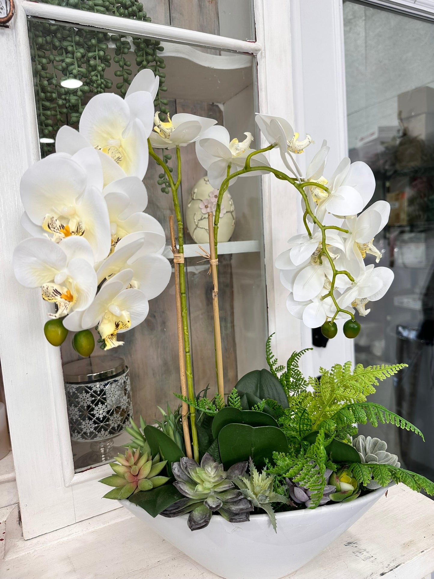 Artificial White Orchid & Succulent Arrangement | Faux Floral Centerpiece in White Ceramic Bowl