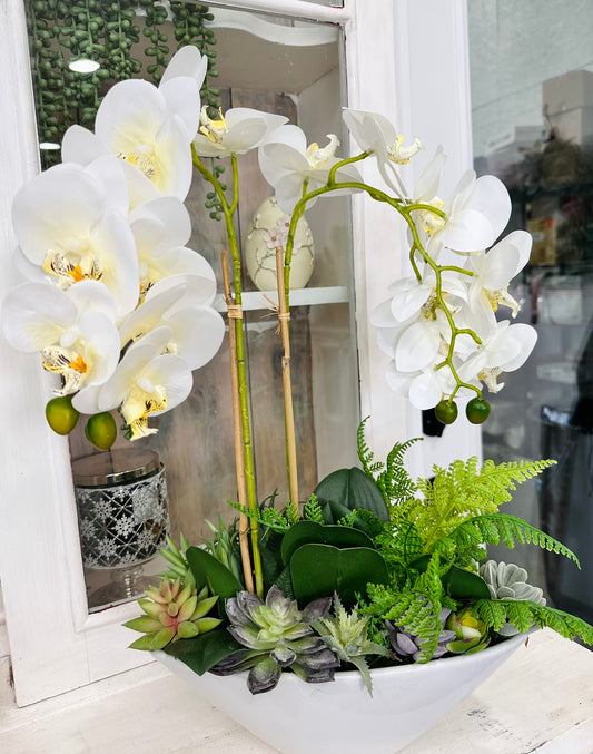 Artificial White Orchid & Succulent Arrangement | Faux Floral Centerpiece in White Ceramic Bowl