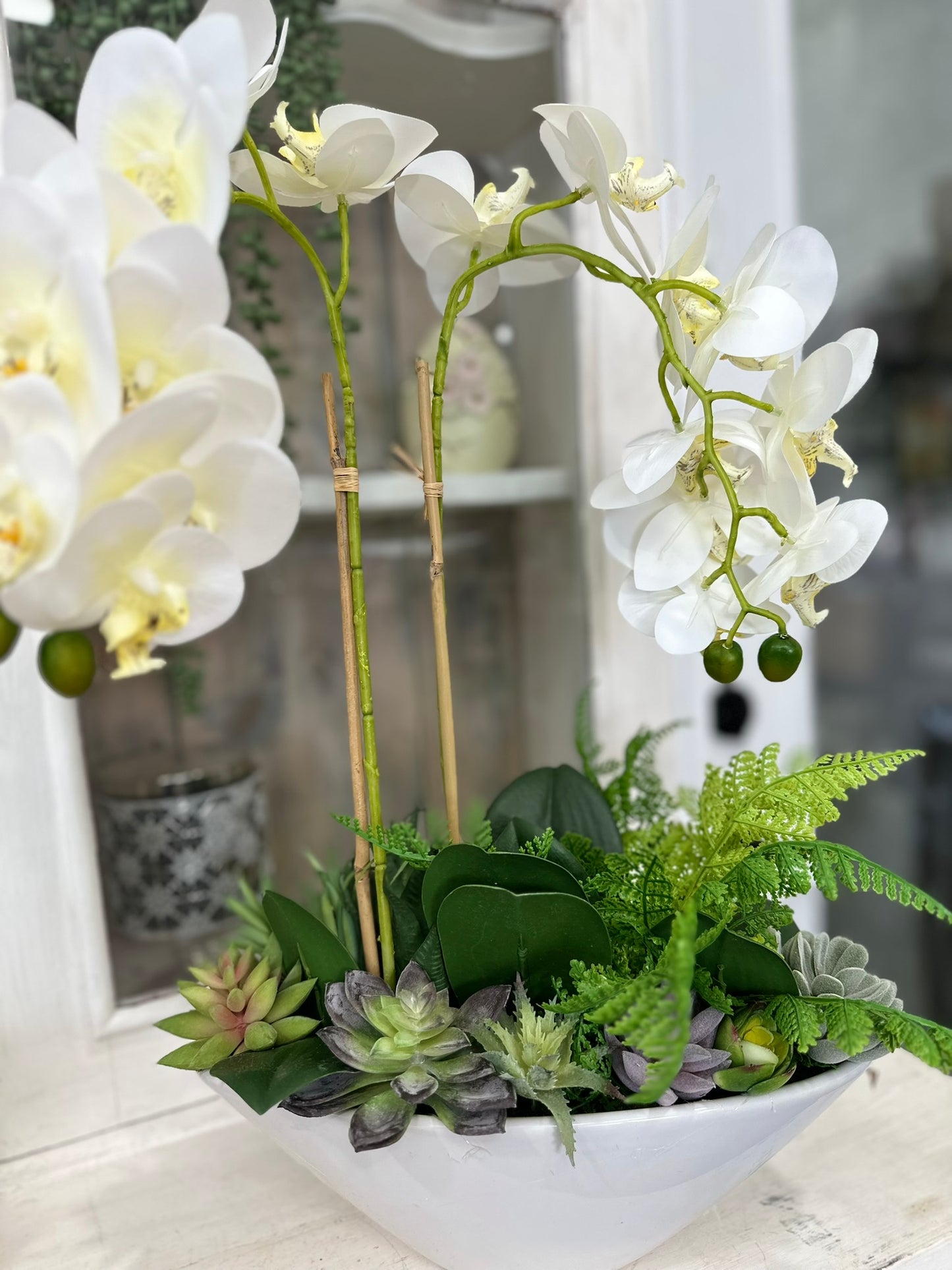 Artificial White Orchid & Succulent Arrangement | Faux Floral Centerpiece in White Ceramic Bowl