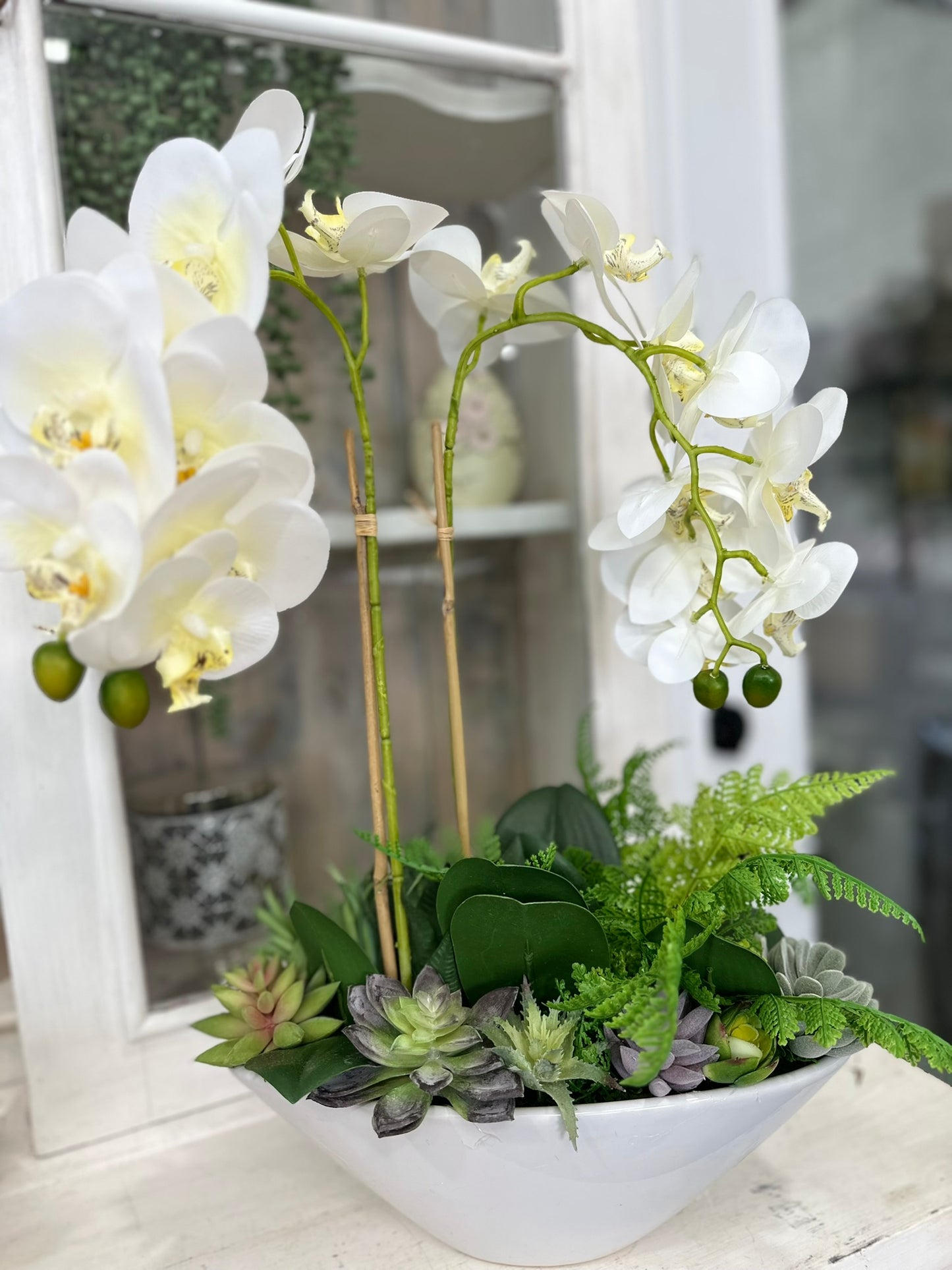 Artificial White Orchid & Succulent Arrangement | Faux Floral Centerpiece in White Ceramic Bowl