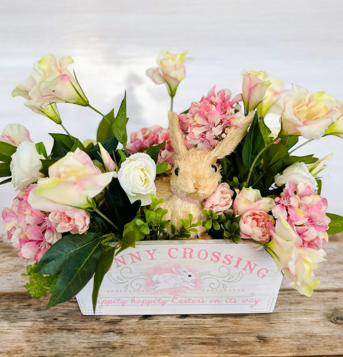 Easter Bunny Floral Centerpiece – Artificial Hydrangea Arrangement