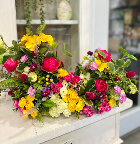 Asymmetrical Silk Spring Summer Floral Centerpiece – Faux Ranunculus, Roses & Hydrangea Arrangement