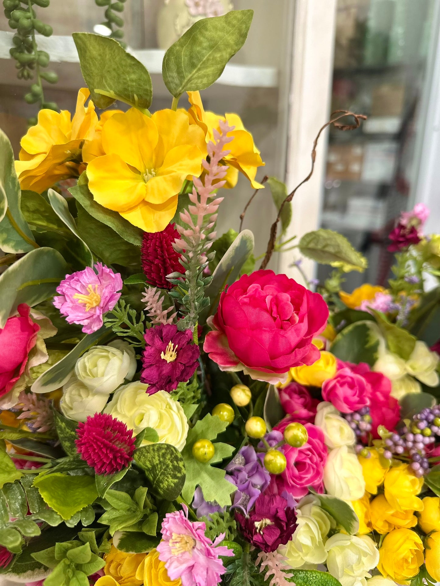 Asymmetrical Silk Spring Summer Floral Centerpiece – Faux Ranunculus, Roses & Hydrangea Arrangement