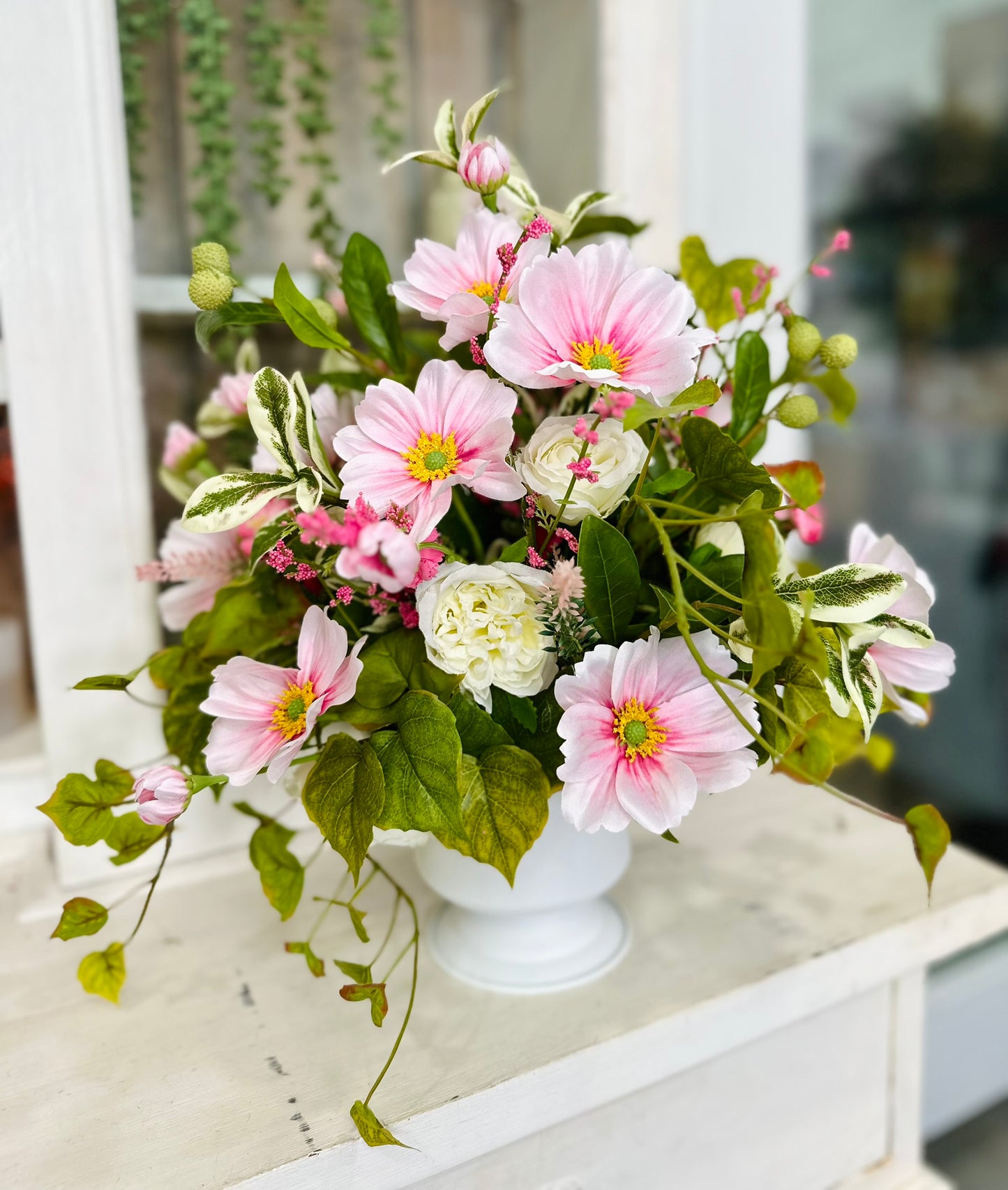 Pink Spring Silk Flower Arrangement with Cosmos & Cabbage Roses in White Urn – Easter & Mother’s Day Centerpiece