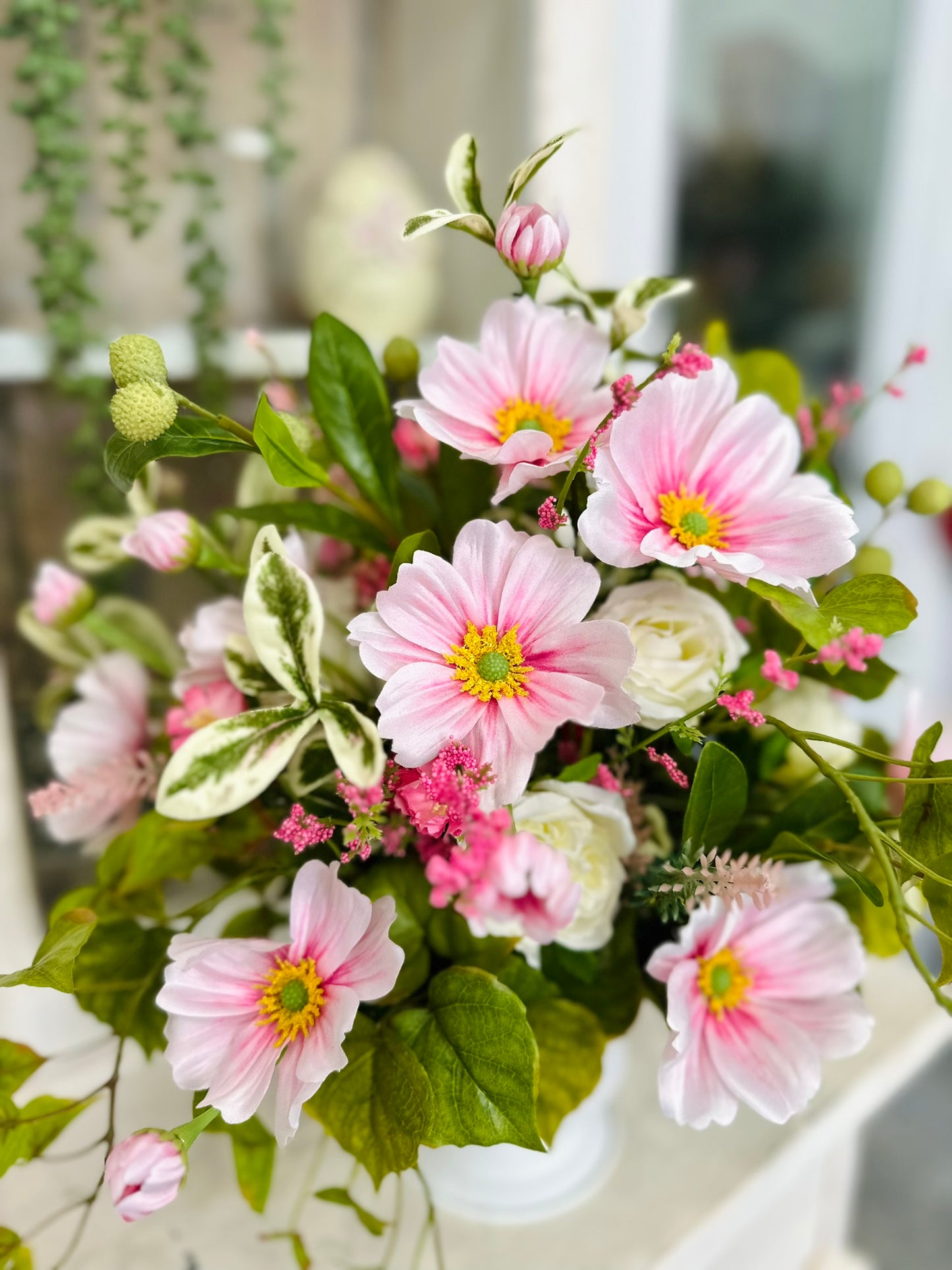 Pink Spring Silk Flower Arrangement with Cosmos & Cabbage Roses in White Urn – Easter & Mother’s Day Centerpiece