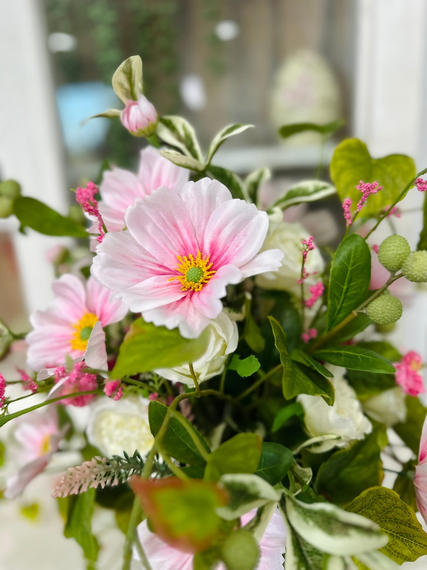 Pink Spring Silk Flower Arrangement with Cosmos & Cabbage Roses in White Urn – Easter & Mother’s Day Centerpiece