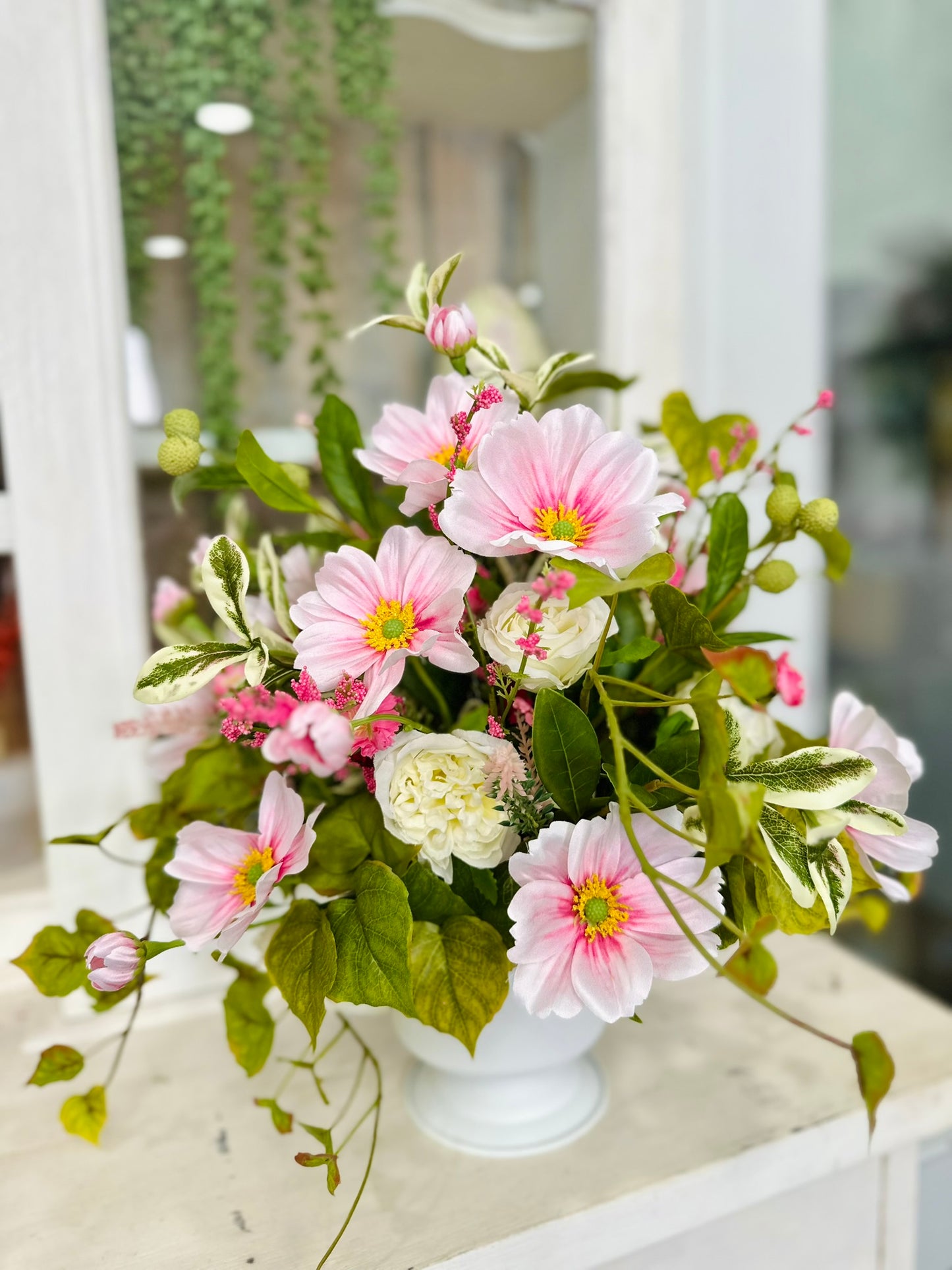 Pink Spring Silk Flower Arrangement with Cosmos & Cabbage Roses in White Urn – Easter & Mother’s Day Centerpiece