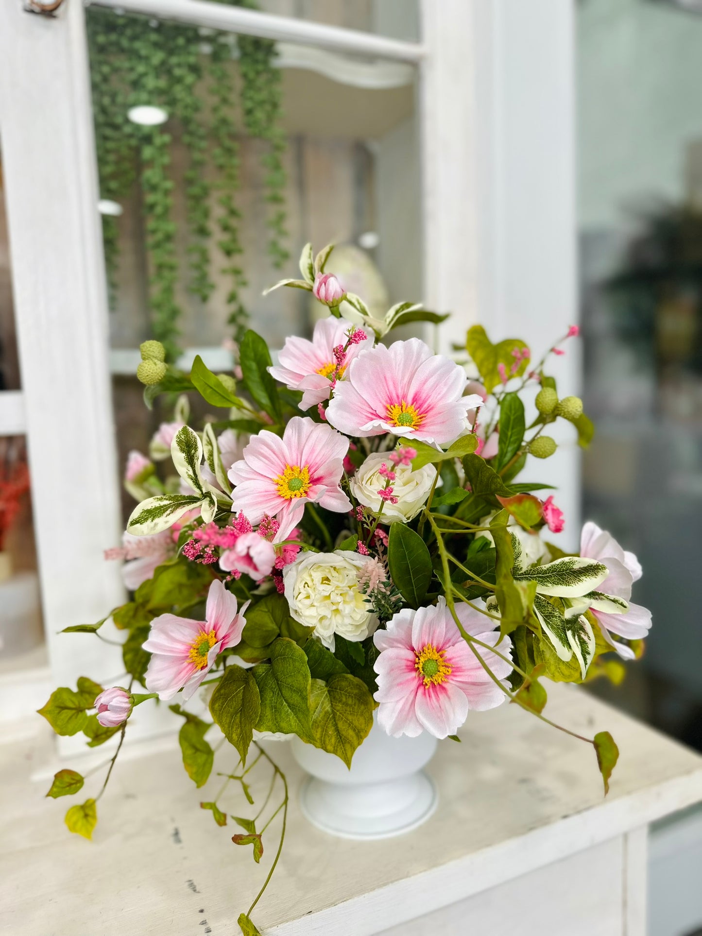 Pink Spring Silk Flower Arrangement with Cosmos & Cabbage Roses in White Urn – Easter & Mother’s Day Centerpiece