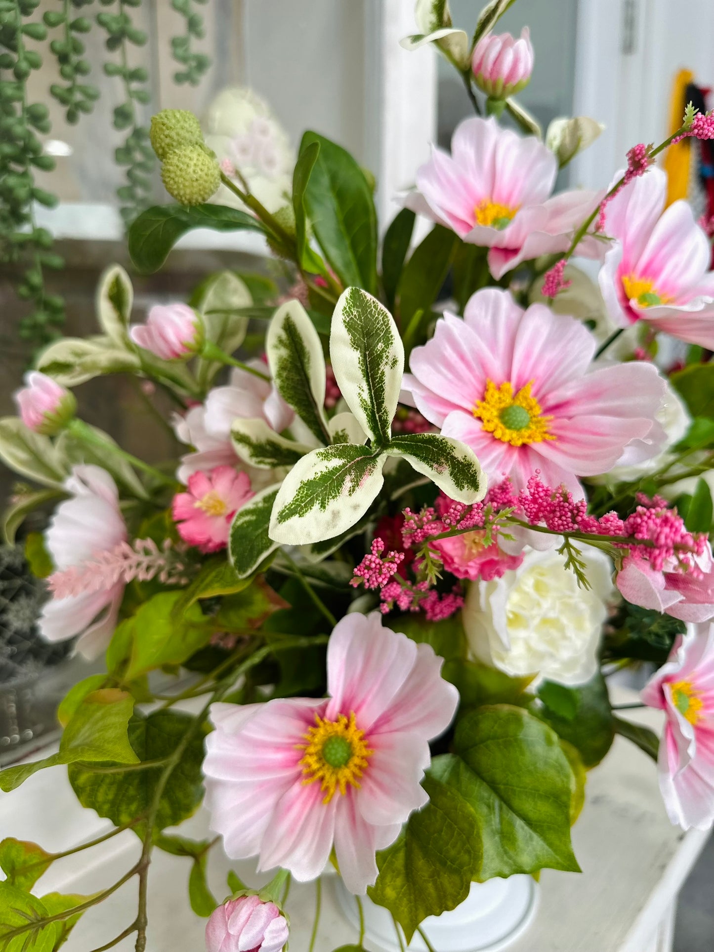 Pink Spring Silk Flower Arrangement with Cosmos & Cabbage Roses in White Urn – Easter & Mother’s Day Centerpiece