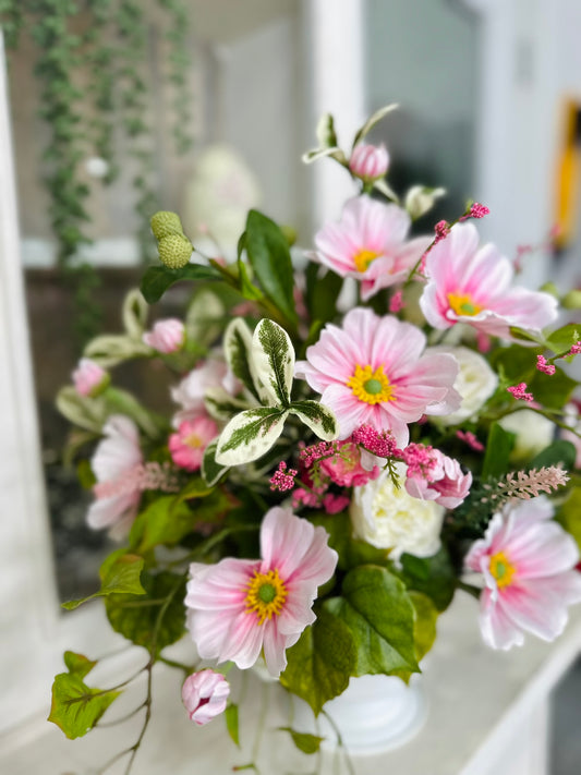 Pink Spring Silk Flower Arrangement with Cosmos & Cabbage Roses in White Urn – Easter & Mother’s Day Centerpiece