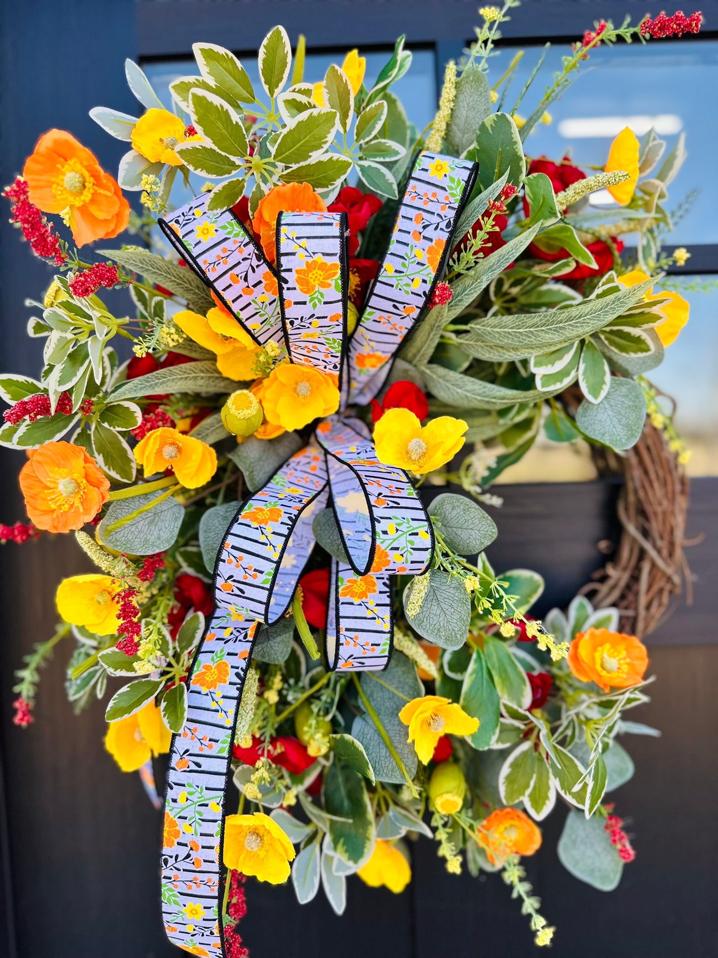 Summer Floral Grapevine Wreath with Poppies, Ranunculus & Eucalyptus – Bright Front Door Decor