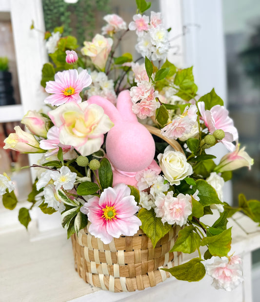 Pink Easter Basket Floral Centerpiece with Cherry Blossoms, Cosmos Flowers, Bunny and Roses – Spring Table Decor Arrangement