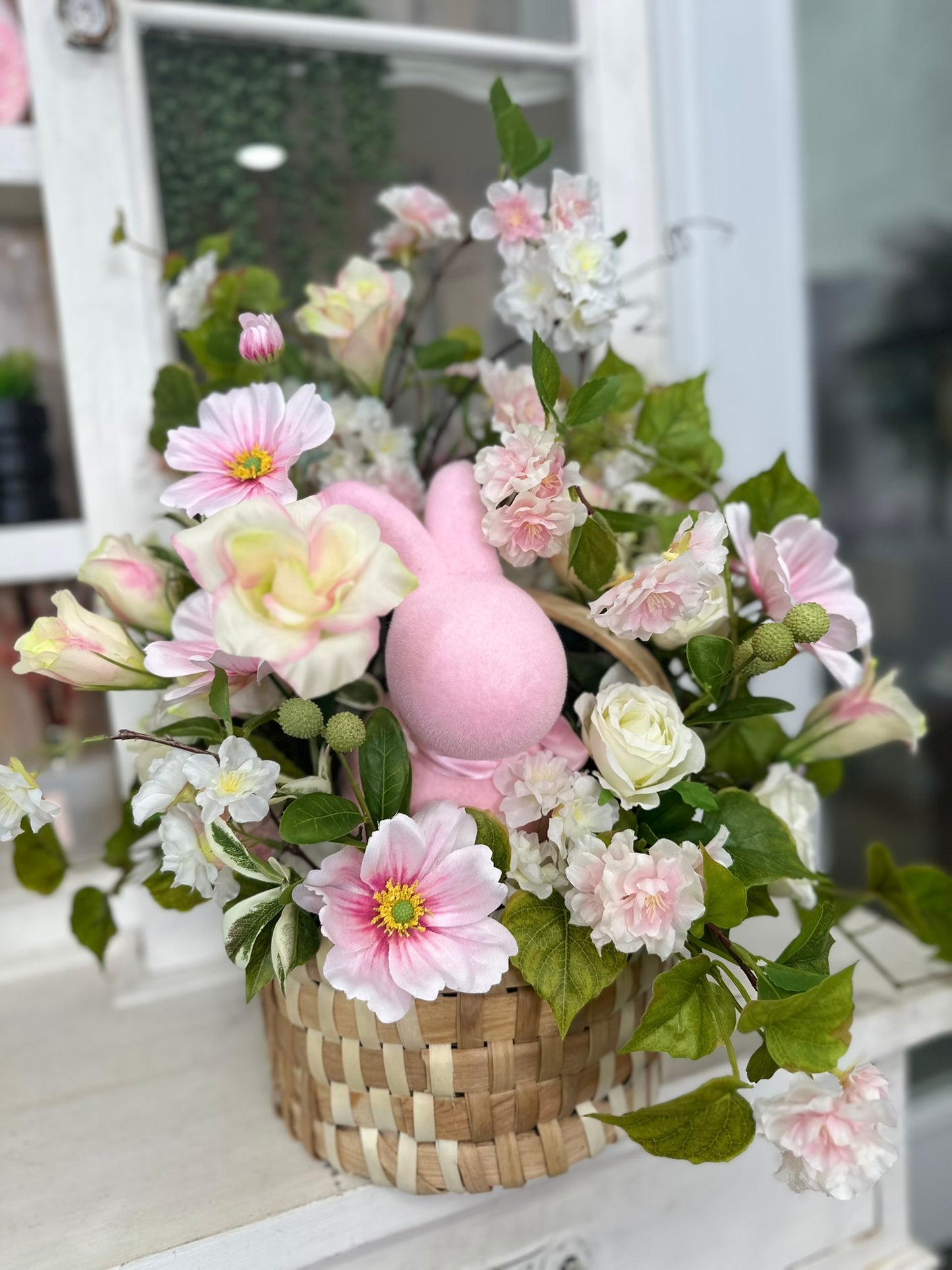 Pink Easter Basket Floral Centerpiece with Cherry Blossoms, Cosmos Flowers, Bunny and Roses – Spring Table Decor Arrangement