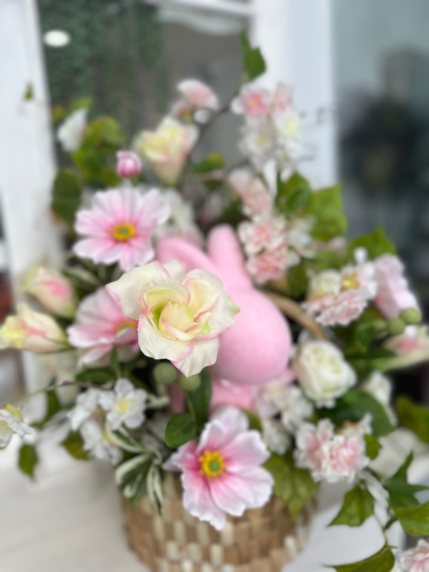 Pink Easter Basket Floral Centerpiece with Cherry Blossoms, Cosmos Flowers, Bunny and Roses – Spring Table Decor Arrangement