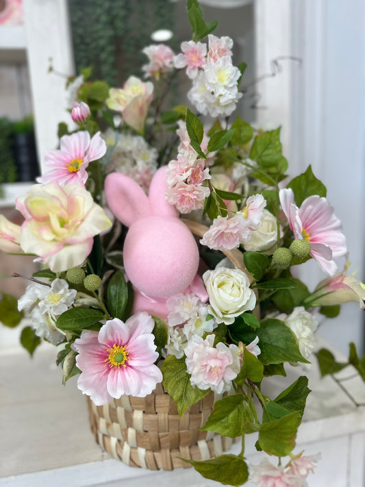 Pink Easter Basket Floral Centerpiece with Cherry Blossoms, Cosmos Flowers, Bunny and Roses – Spring Table Decor Arrangement