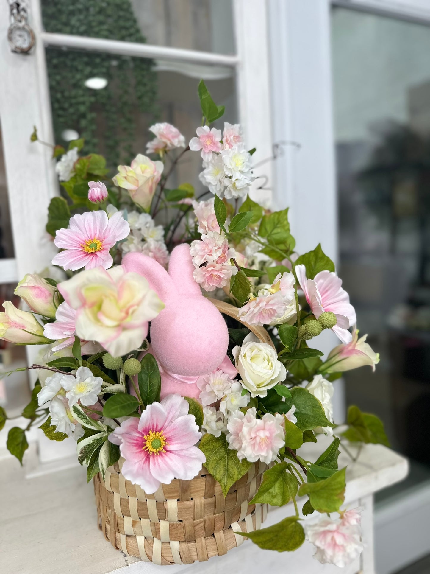 Pink Easter Basket Floral Centerpiece with Cherry Blossoms, Cosmos Flowers, Bunny and Roses – Spring Table Decor Arrangement