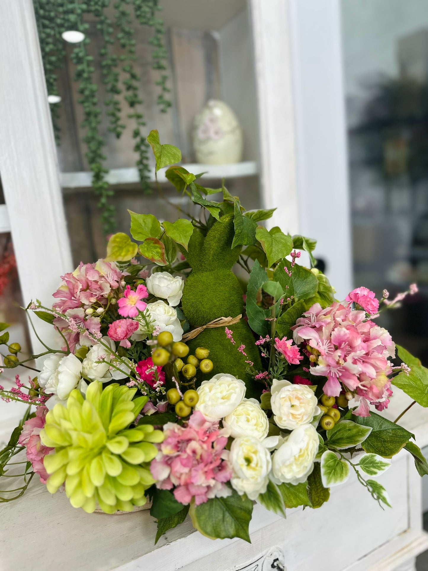 Easter Bunny Floral Arrangement with Faux Peonies, Dahlias, Hydrangeas, and Ivy – Spring Centerpiece Decor