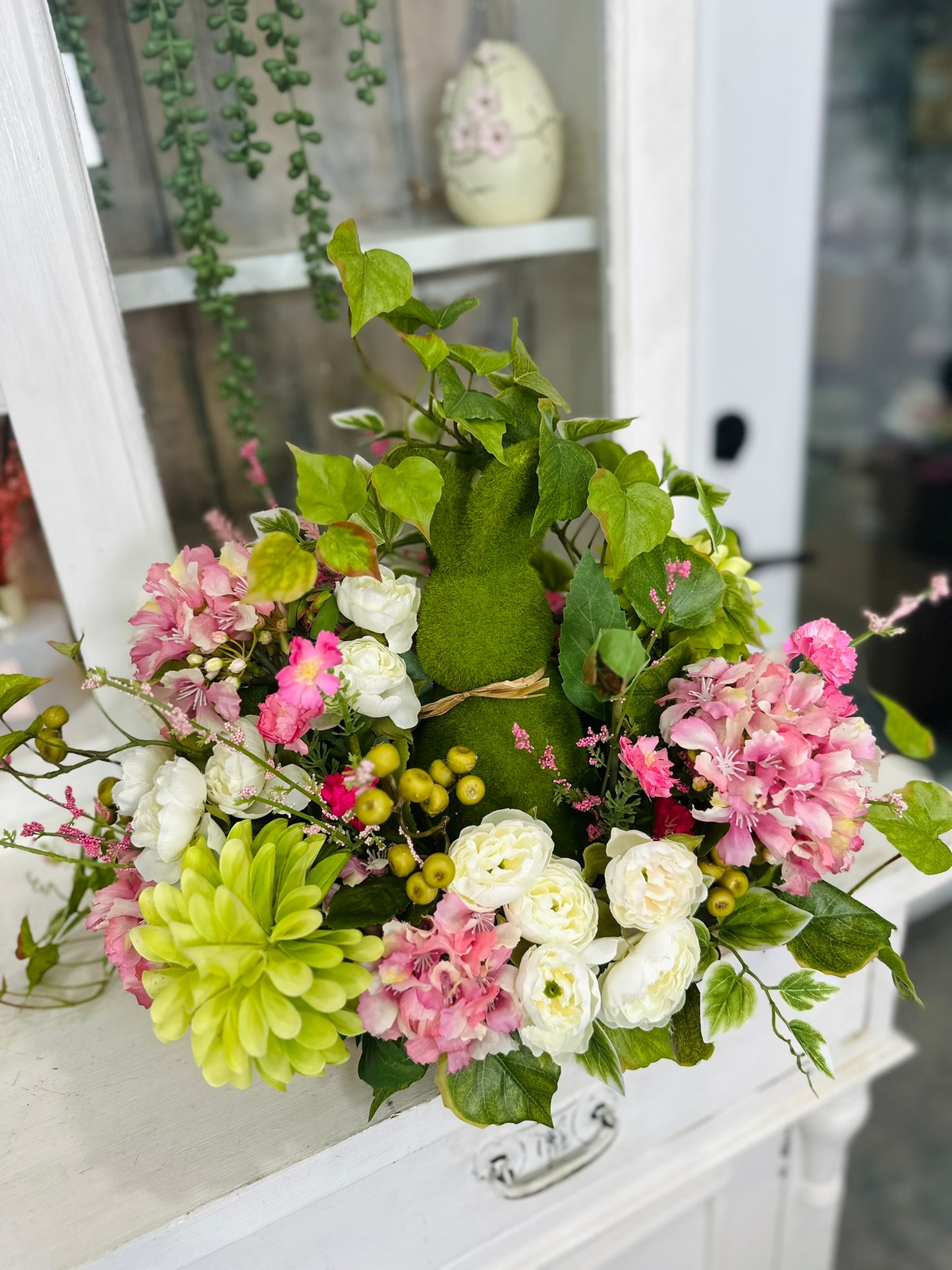 Easter Bunny Floral Arrangement with Faux Peonies, Dahlias, Hydrangeas, and Ivy – Spring Centerpiece Decor