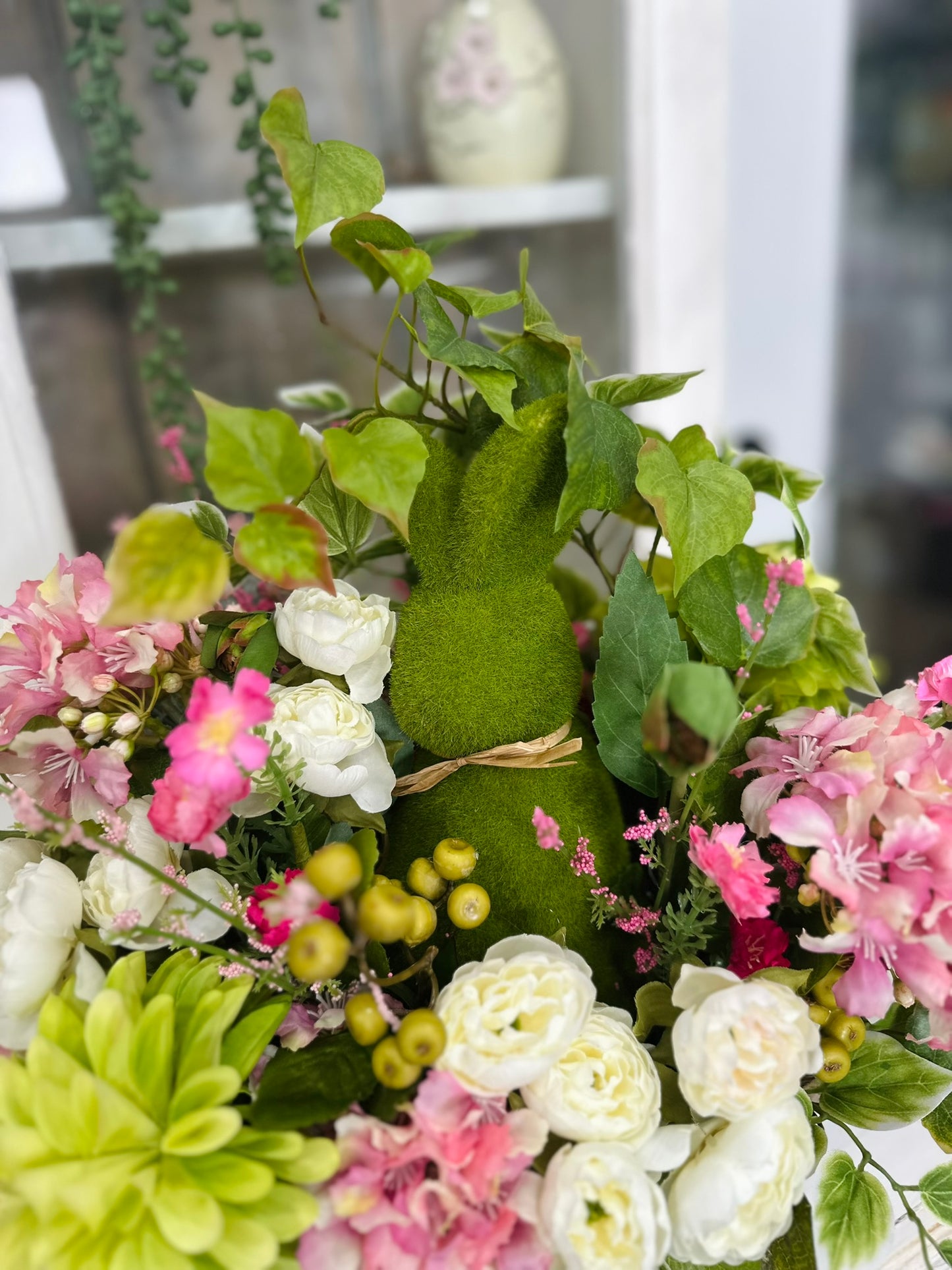 Easter Bunny Floral Arrangement with Faux Peonies, Dahlias, Hydrangeas, and Ivy – Spring Centerpiece Decor