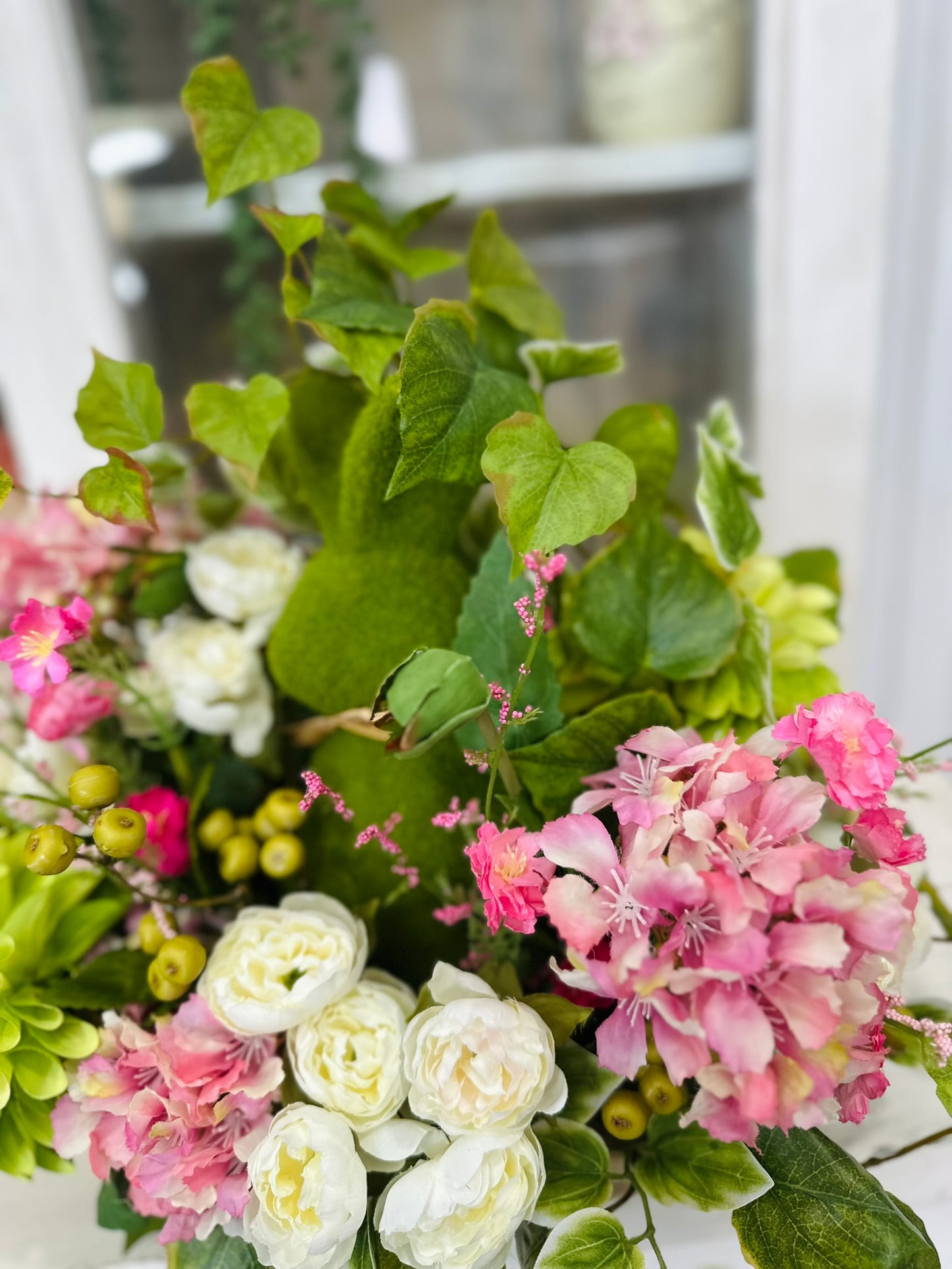 Easter Bunny Floral Arrangement with Faux Peonies, Dahlias, Hydrangeas, and Ivy – Spring Centerpiece Decor