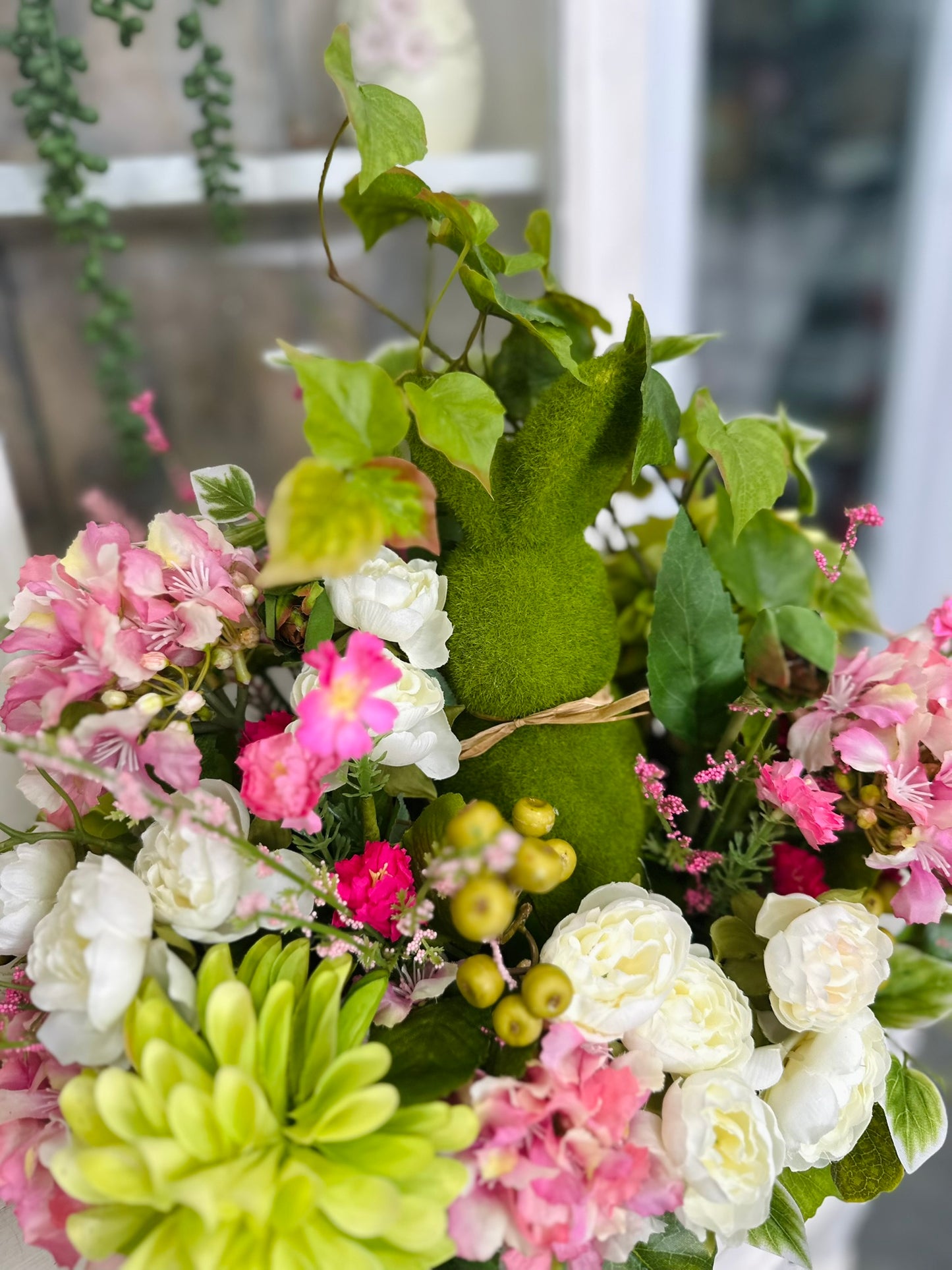 Easter Bunny Floral Arrangement with Faux Peonies, Dahlias, Hydrangeas, and Ivy – Spring Centerpiece Decor