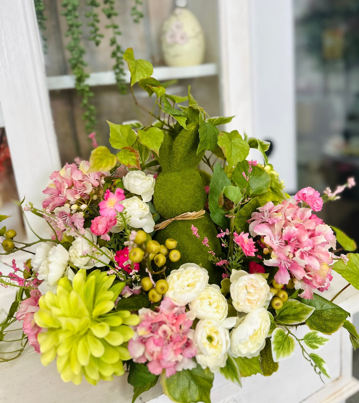 Easter Bunny Floral Arrangement with Faux Peonies, Dahlias, Hydrangeas, and Ivy – Spring Centerpiece Decor