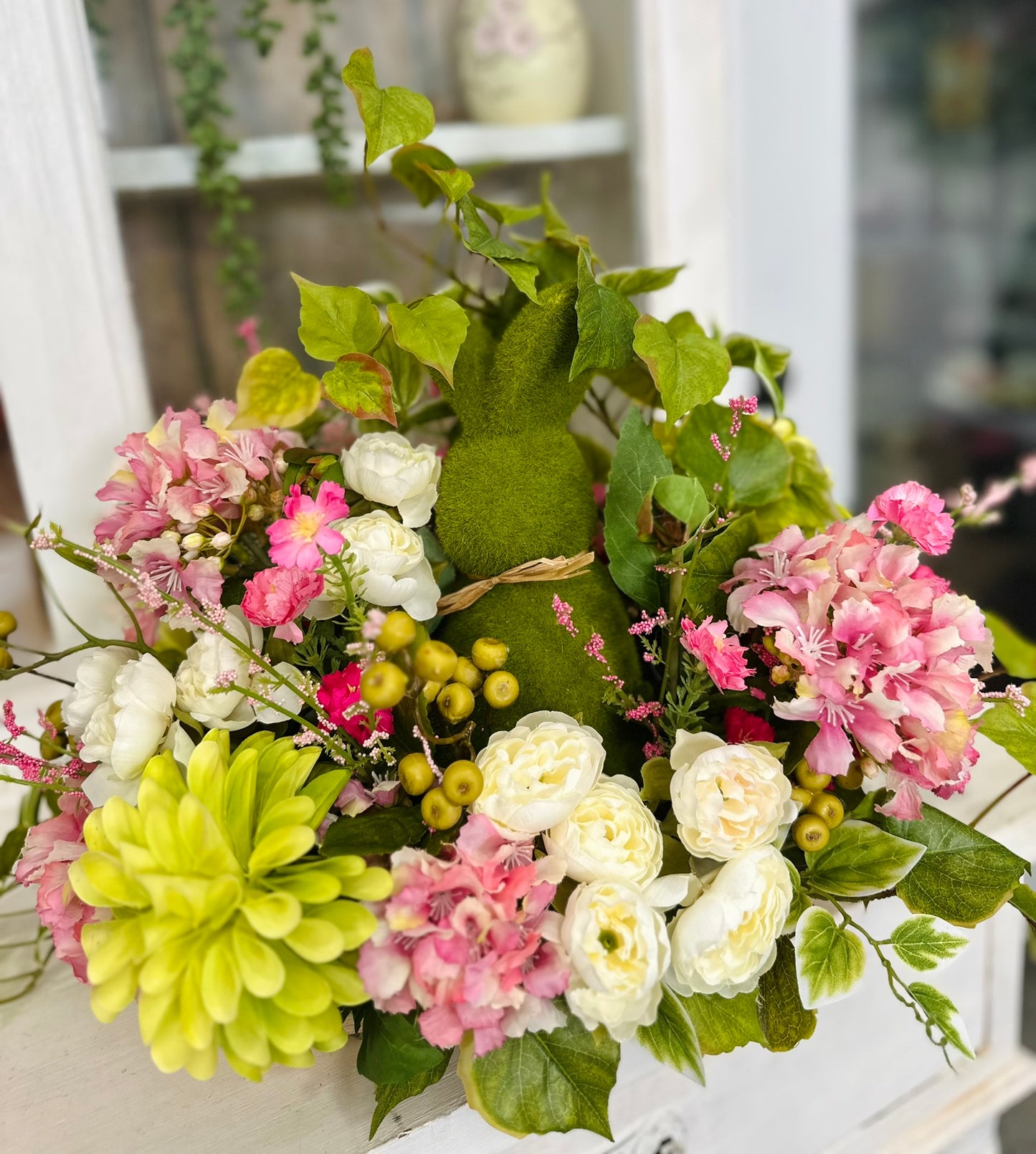 Easter Bunny Floral Arrangement with Faux Peonies, Dahlias, Hydrangeas, and Ivy – Spring Centerpiece Decor
