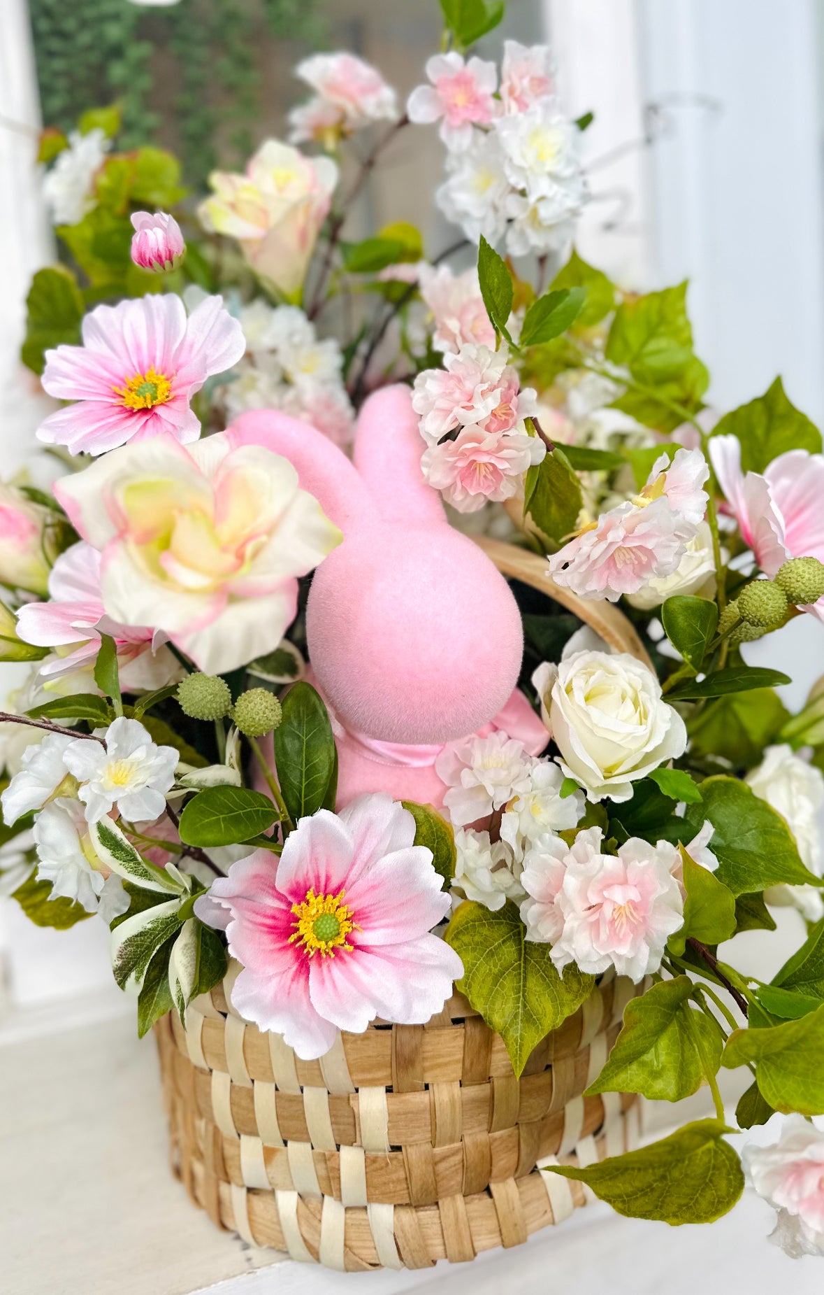 Pink Easter Basket Floral Centerpiece with Cherry Blossoms, Cosmos Flowers, Bunny and Roses – Spring Table Decor Arrangement