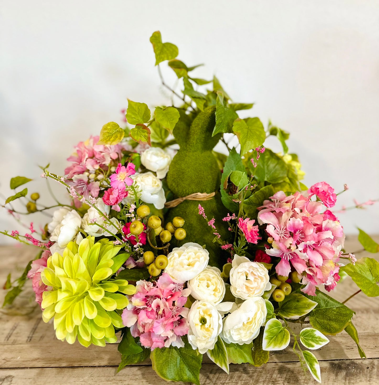 Easter Bunny Floral Arrangement with Faux Peonies, Dahlias, Hydrangeas, and Ivy – Spring Centerpiece Decor