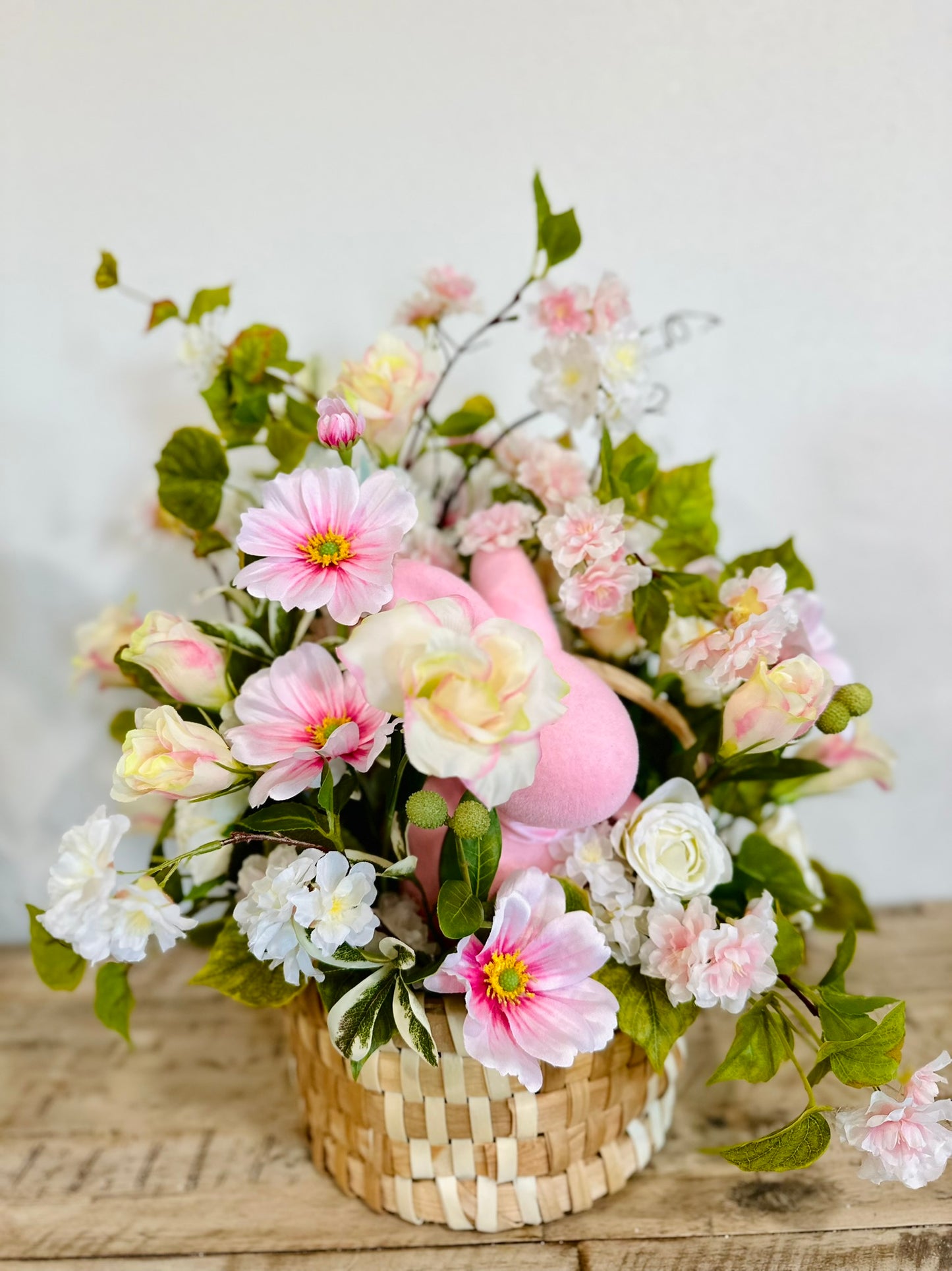 Pink Easter Basket Floral Centerpiece with Cherry Blossoms, Cosmos Flowers, Bunny and Roses – Spring Table Decor Arrangement