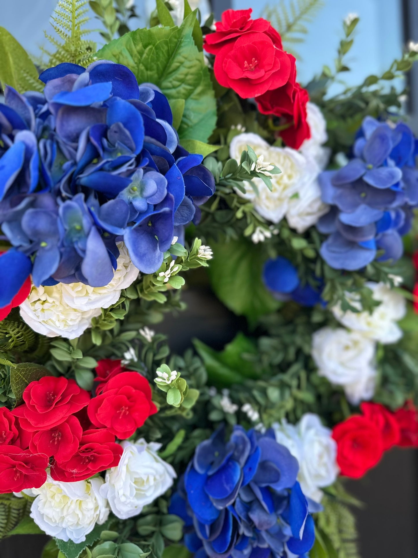 Red White Blue Patriotic Wreath for Front Door – Fourth of July Summer Floral Wreath with Hydrangeas & Roses