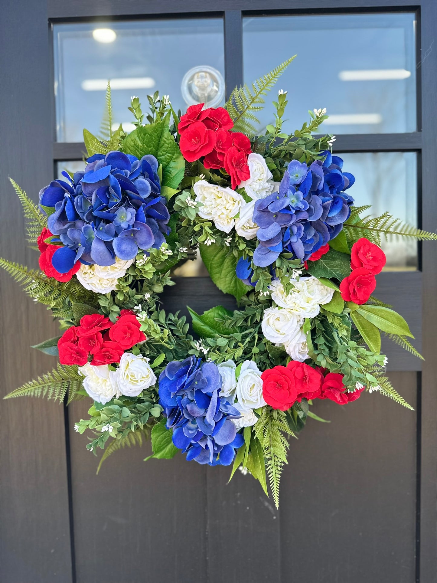 Red White Blue Patriotic Wreath for Front Door – Fourth of July Summer Floral Wreath with Hydrangeas & Roses