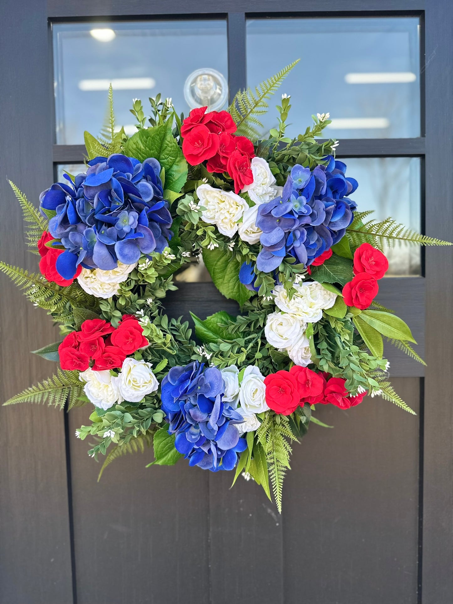 Red White Blue Patriotic Wreath for Front Door – Fourth of July Summer Floral Wreath with Hydrangeas & Roses
