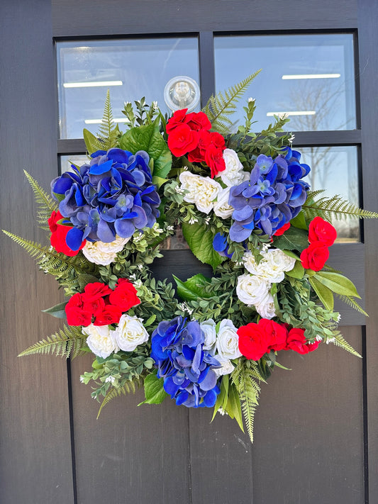Red White Blue Patriotic Wreath for Front Door – Fourth of July Summer Floral Wreath with Hydrangeas & Roses