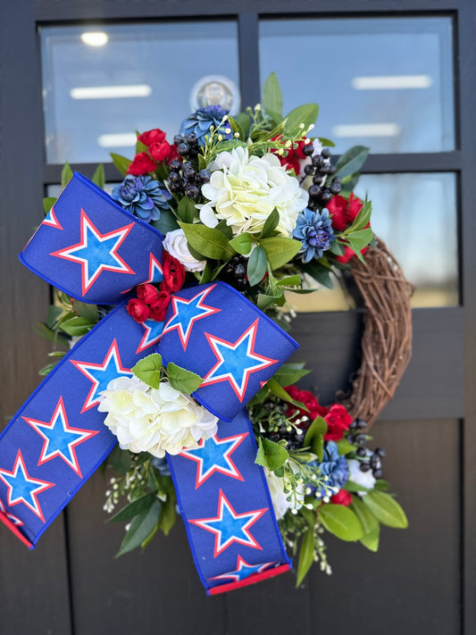 Patriotic Grapevine Wreath with Real Touch Hydrangeas and Blueberries – 4th of July Door Decor