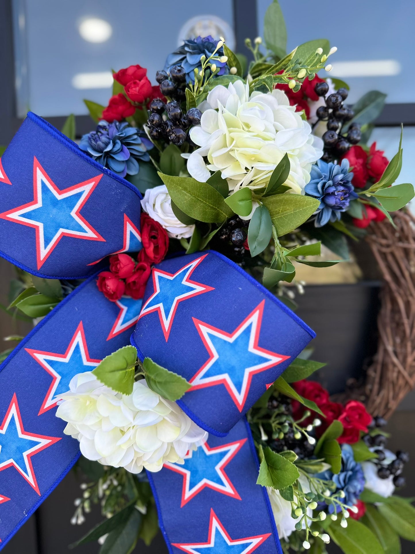 Patriotic Grapevine Wreath with Real Touch Hydrangeas and Blueberries – 4th of July Door Decor