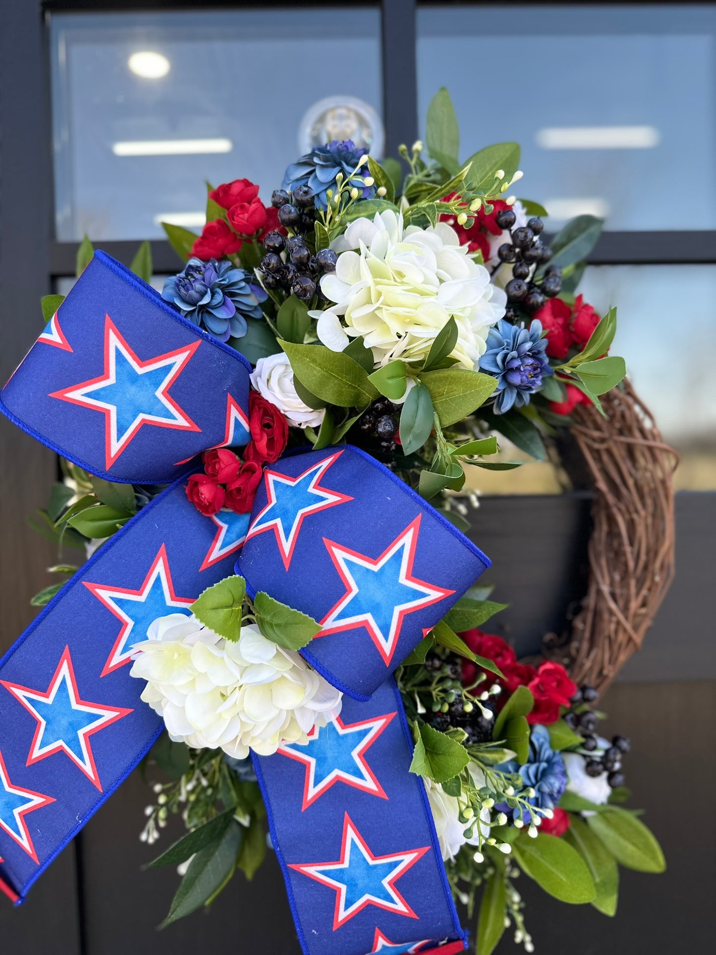 Patriotic Grapevine Wreath with Real Touch Hydrangeas and Blueberries – 4th of July Door Decor