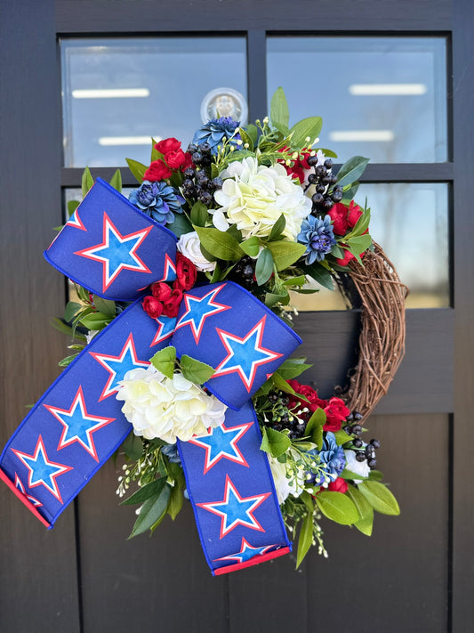 Patriotic Grapevine Wreath with Real Touch Hydrangeas and Blueberries – 4th of July Door Decor
