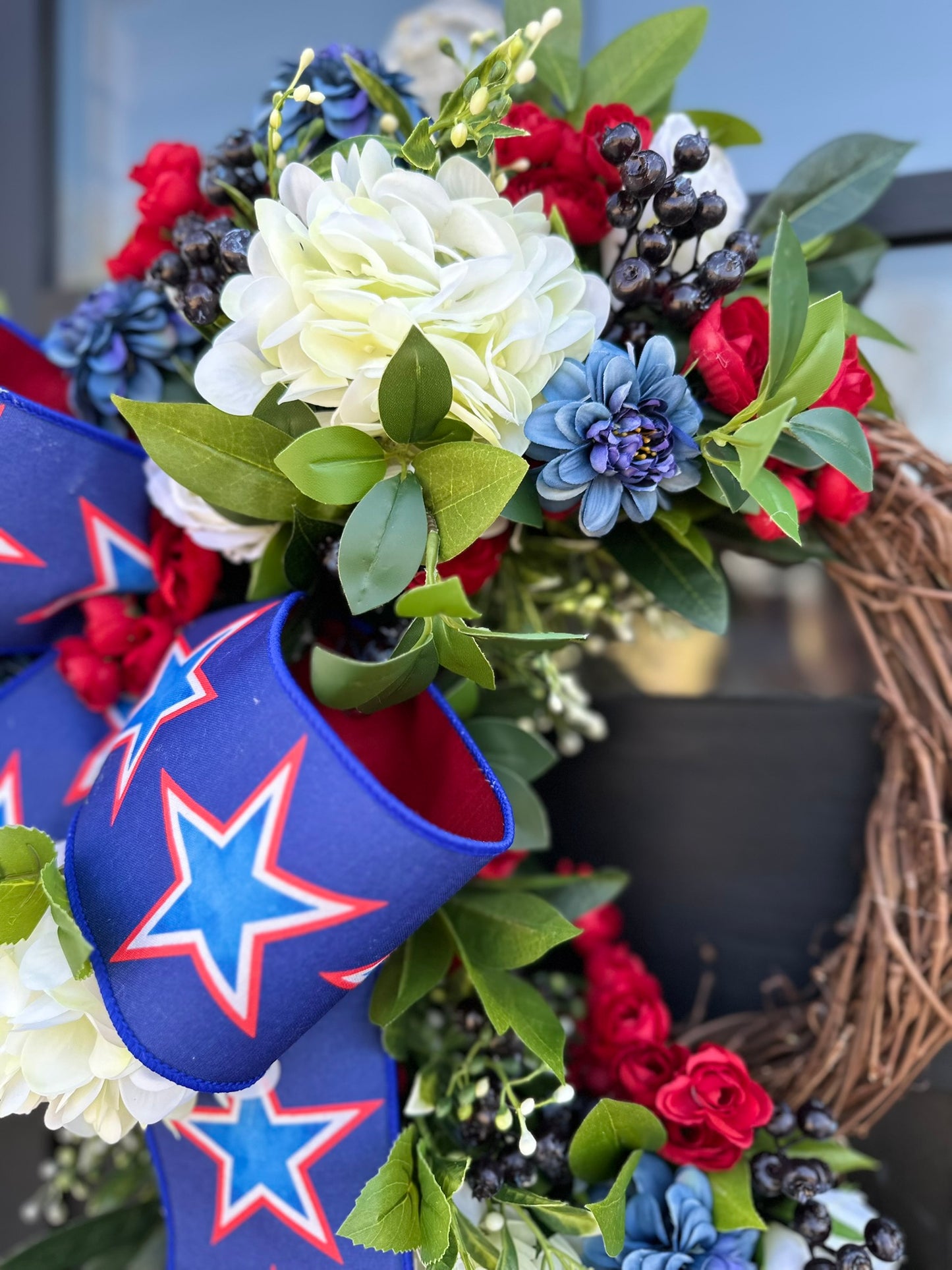 Patriotic Grapevine Wreath with Real Touch Hydrangeas and Blueberries – 4th of July Door Decor