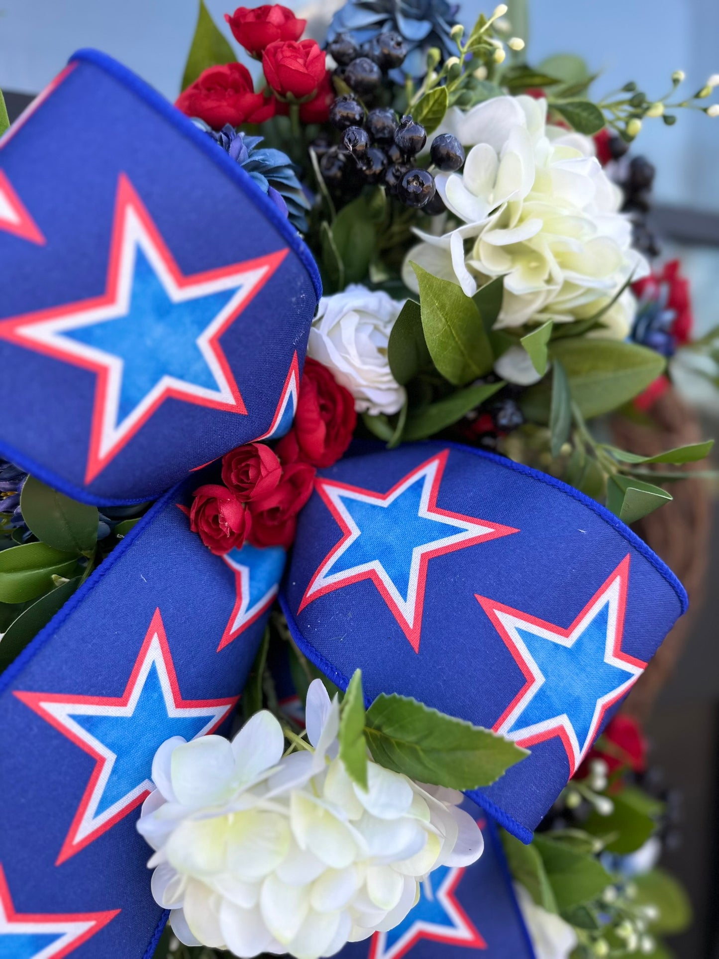 Patriotic Grapevine Wreath with Real Touch Hydrangeas and Blueberries – 4th of July Door Decor