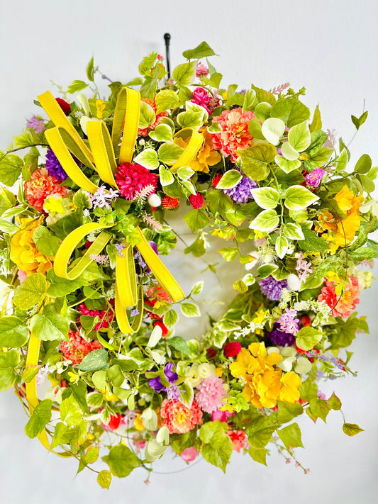 Extra Large Summer Floral Grapevine Wreath with Bright Wildflowers and Hydrangeas for Front Door or Office