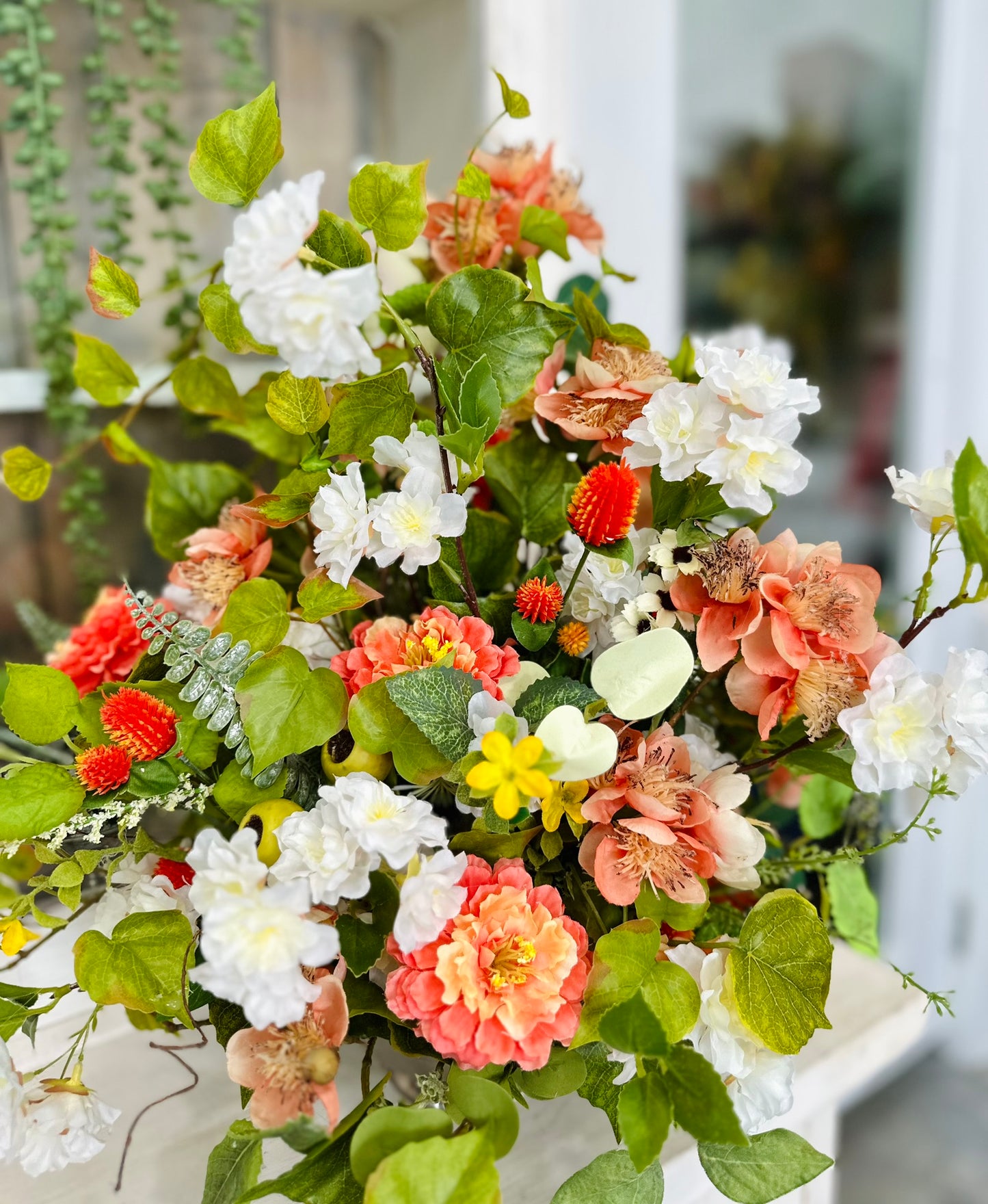 Peach and White Spring Silk Floral Arrangement in Compote – Wildflower Centerpiece for Home or Office