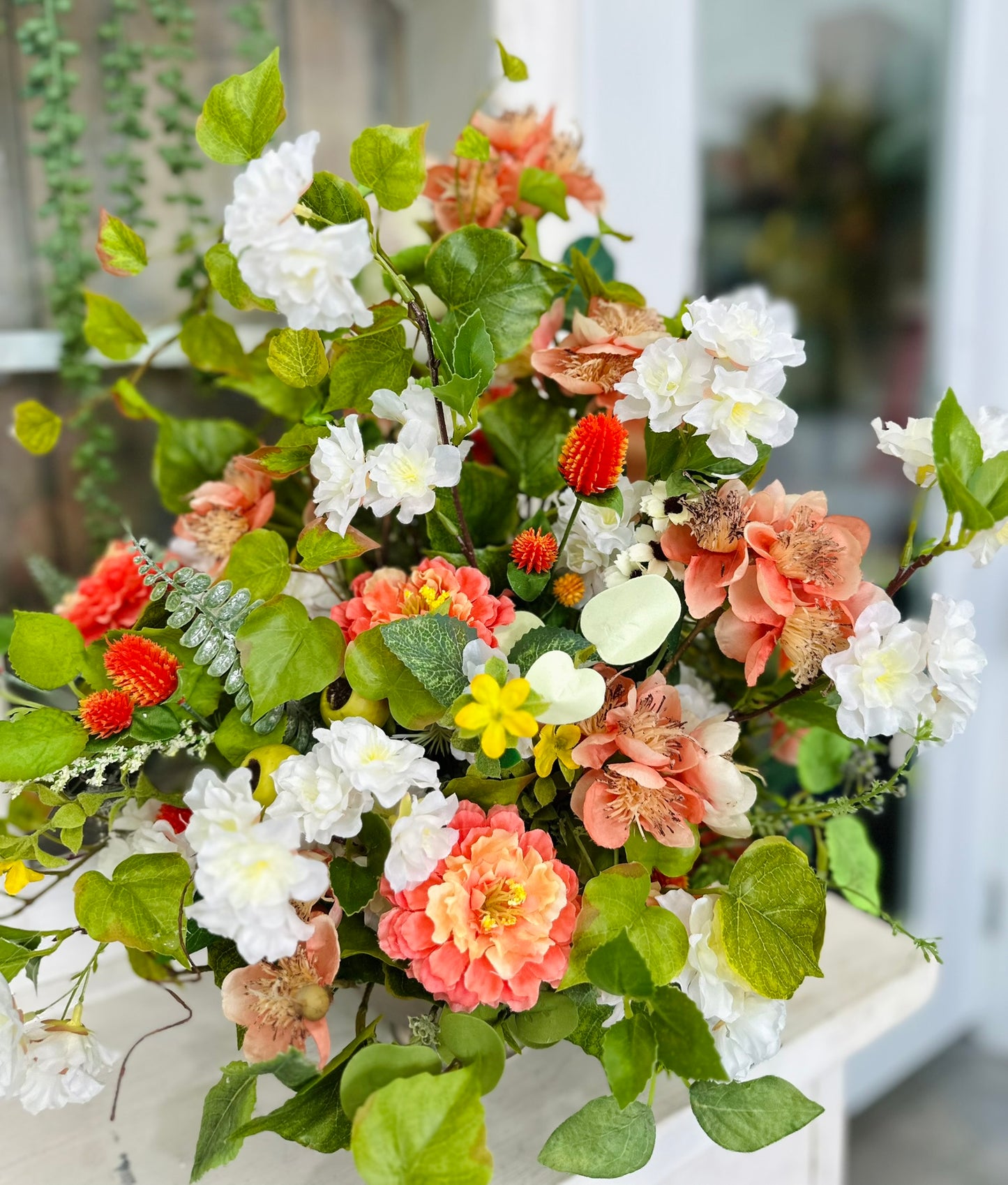 Peach and White Spring Silk Floral Arrangement in Compote – Wildflower Centerpiece for Home or Office