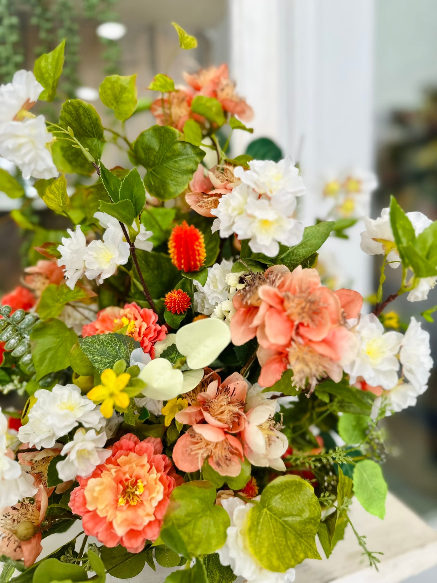 Peach and White Spring Silk Floral Arrangement in Compote – Wildflower Centerpiece for Home or Office