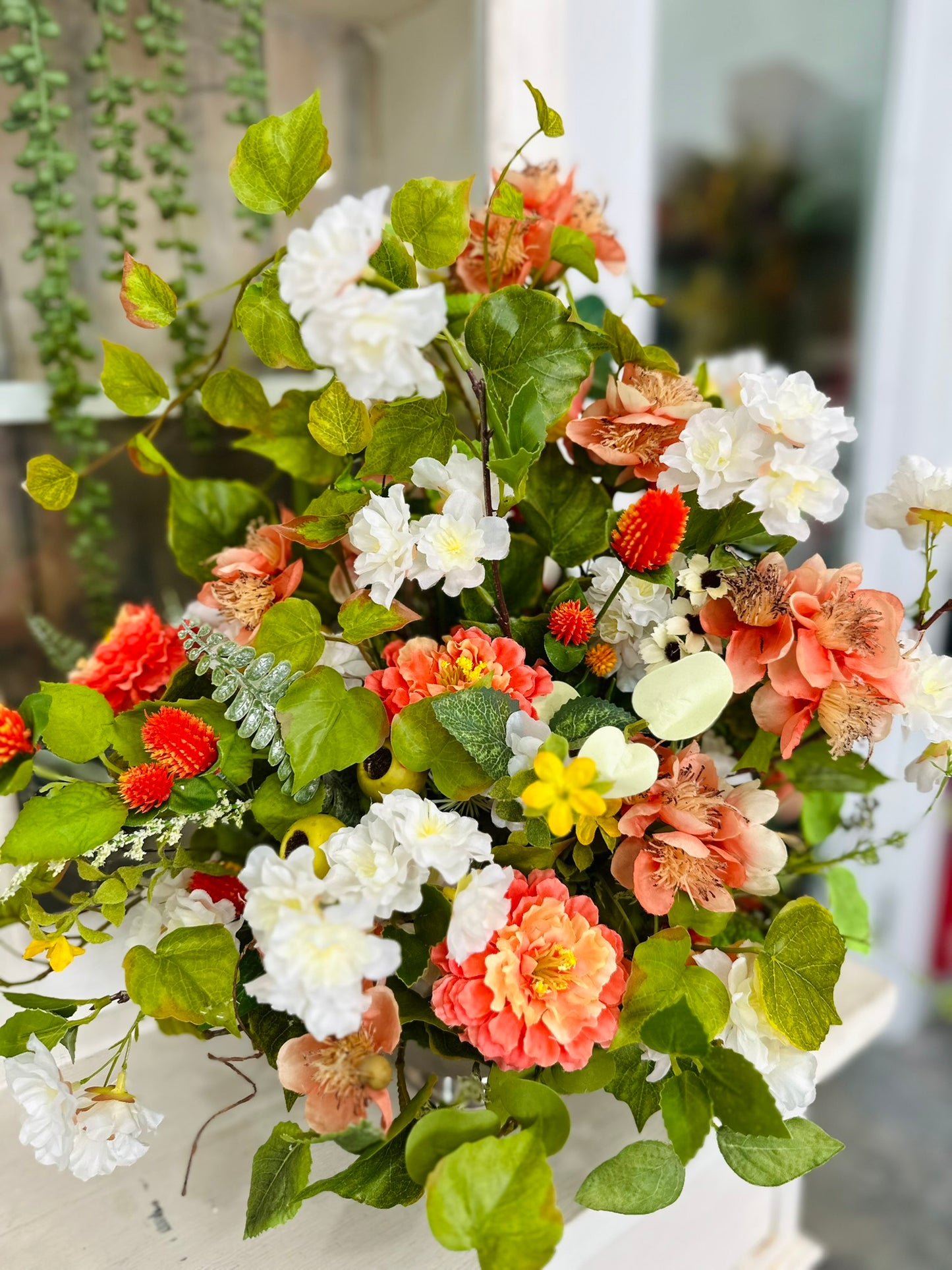 Peach and White Spring Silk Floral Arrangement in Compote – Wildflower Centerpiece for Home or Office