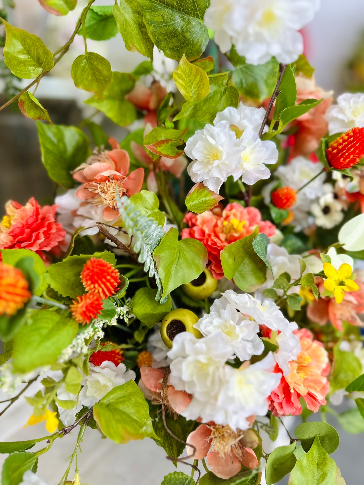Peach and White Spring Silk Floral Arrangement in Compote – Wildflower Centerpiece for Home or Office
