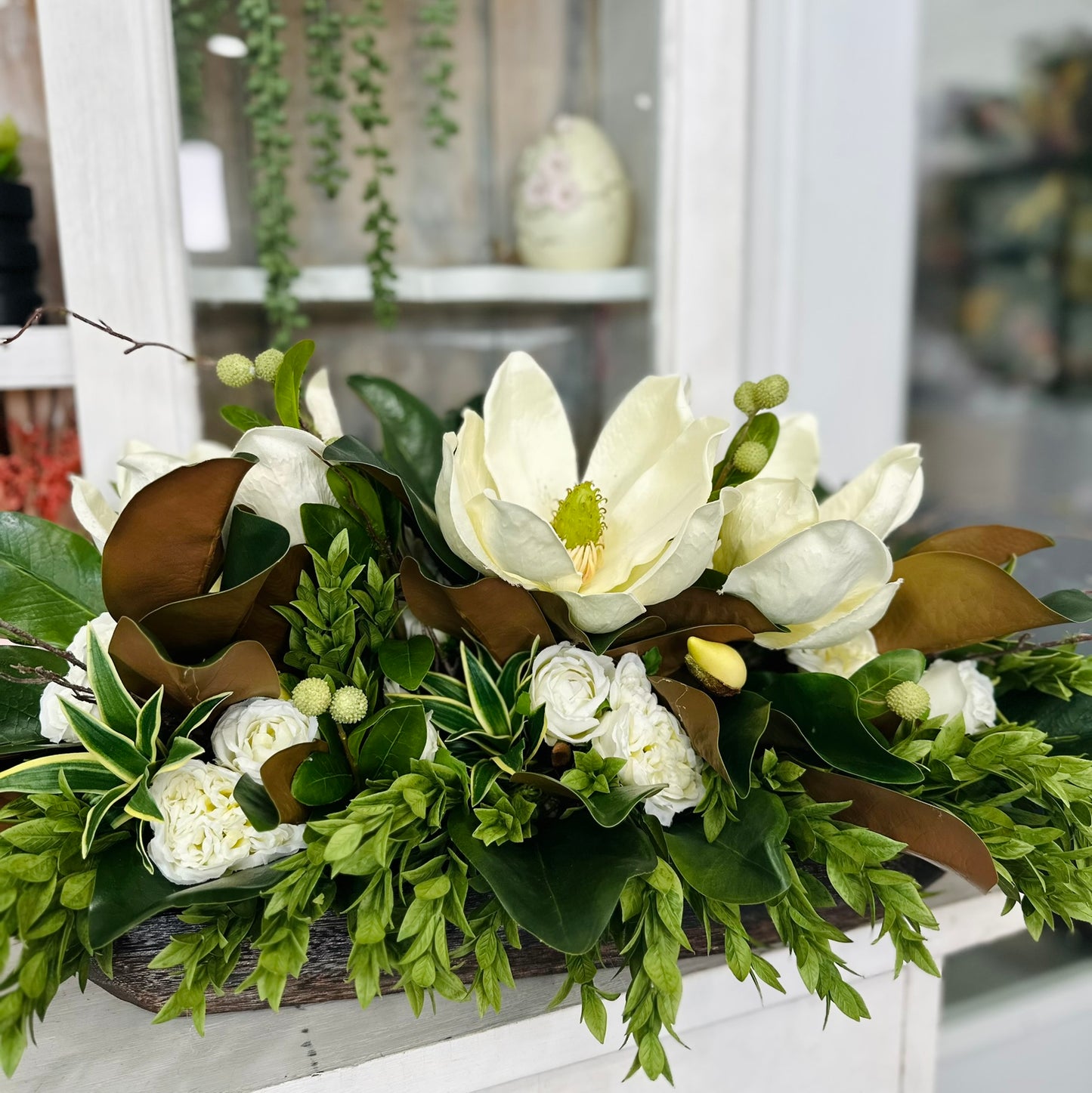 Magnolia & White Rose Floral Centerpiece | Faux Flowers in Rustic Dough Bowl