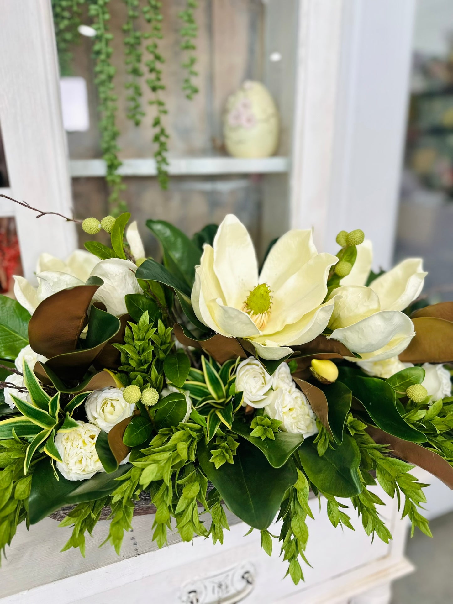 Magnolia & White Rose Floral Centerpiece | Faux Flowers in Rustic Dough Bowl