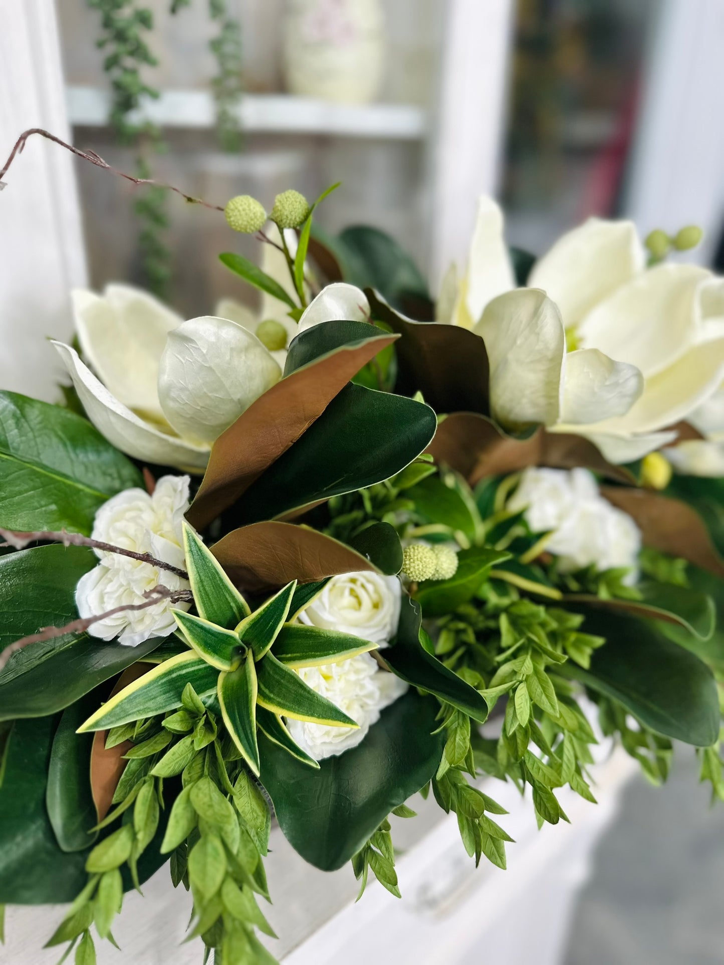Magnolia & White Rose Floral Centerpiece | Faux Flowers in Rustic Dough Bowl